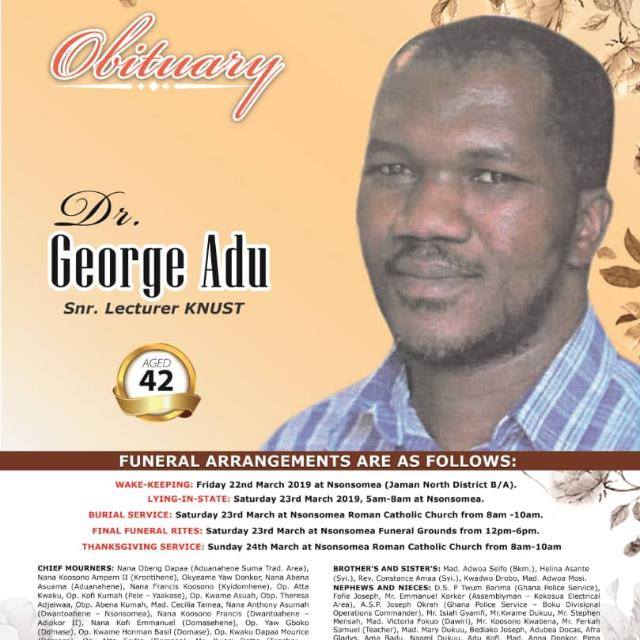 Funeral arrangement for Dr. George Adu
